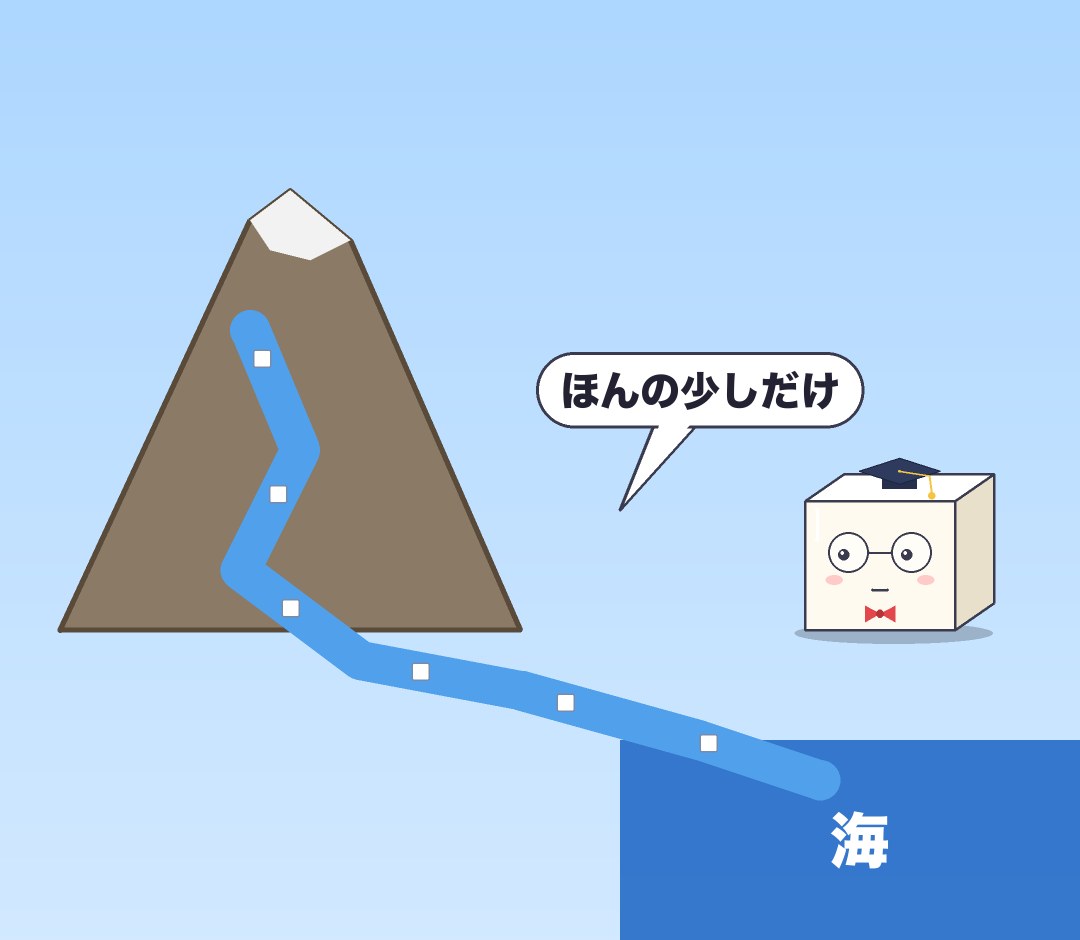 山から川が流れ、塩のつぶが海へ運ばれる図